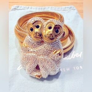 Judith Leiber Crystal Monkeys Buckle Gold Plated Metal Belt Rare Signed 1980s